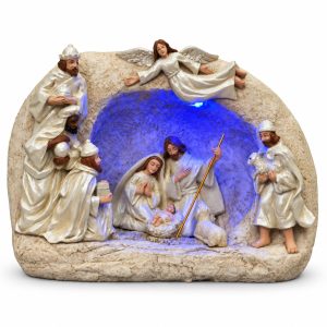 Pearl White Blue LED Complete Nativity Grotto-kws17141