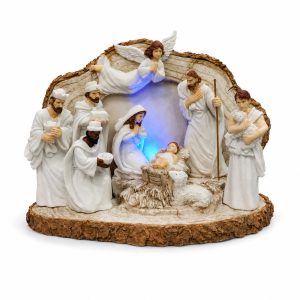 Lighted White Nativity Scene with Rustic Bark-Look Frame-kws17270