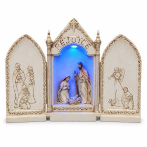 Antique Ivory Rejoice Blue LED Nativity Triptych-kws18104