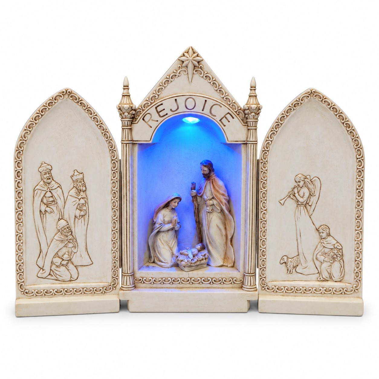 Antique Ivory Rejoice Blue LED Nativity Triptych-kws18104 Antique Ivory Rejoice Blue LED Nativity Triptych-kws18104
