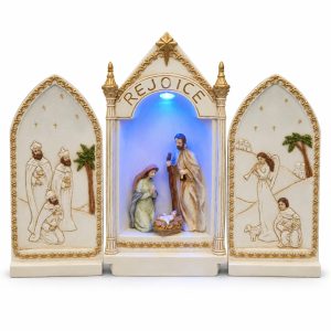 Antique Gold Rejoice LED Nativity Triptych with Blue Light-kws18178