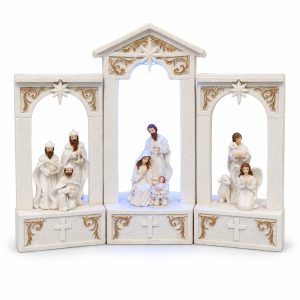 Gold Scrollwork LED Nativity Triptych with Blue Light-kws18195