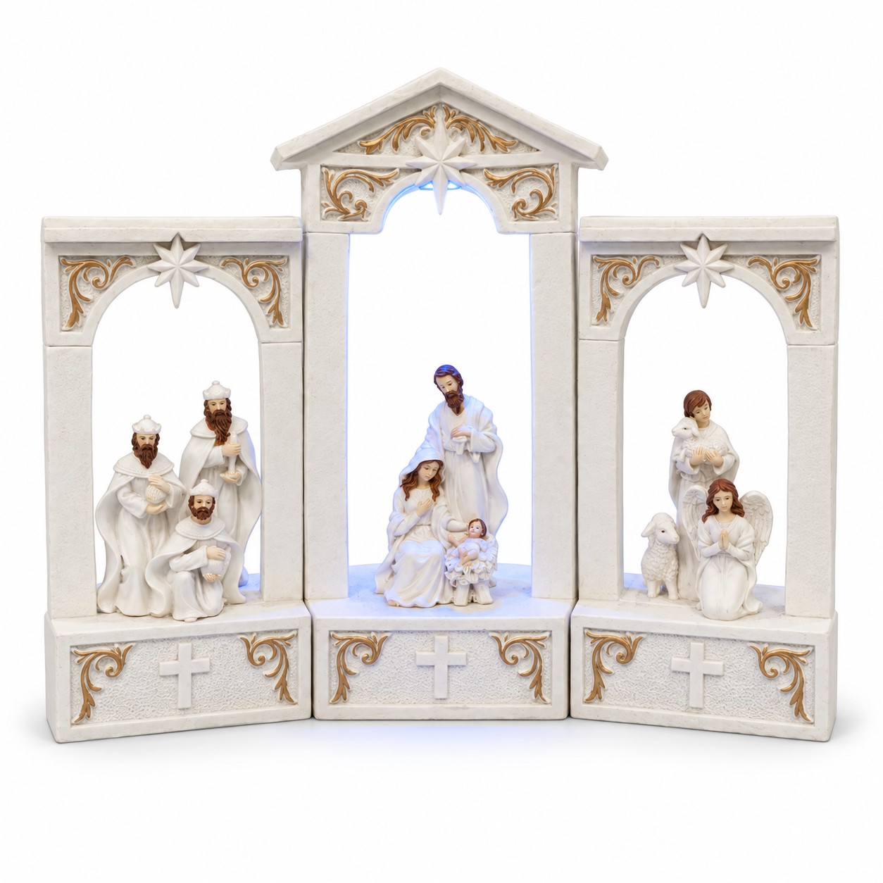Gold Scrollwork LED Nativity Triptych with Blue Light-kws18195 Gold Scrollwork LED Nativity Triptych with Blue Light-kws18195